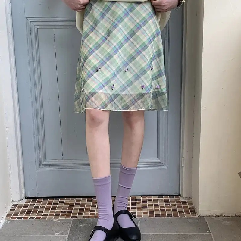 Summer Rose Clothing - Rok Kotak-kotak Warna Kontras Gaya Prairie