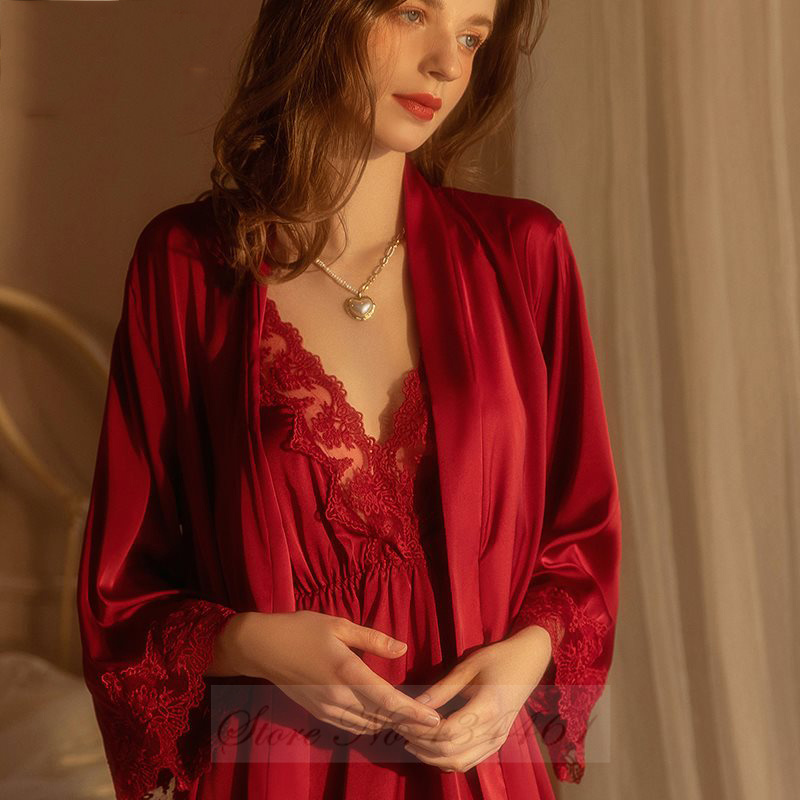 Summer House Clothing - Burgundy Set jubah 2PCS gaun tidur