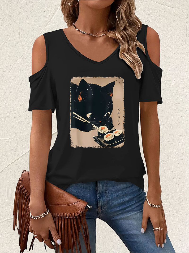 Summer Clothing Drop - Kaos V-Neck Bergambar Kucing Makan Ramen
