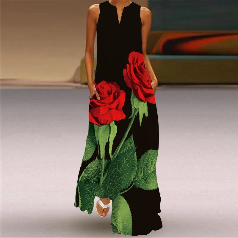 Summer Rose Clothing - Gaun panjang Motif mawar merah untuk