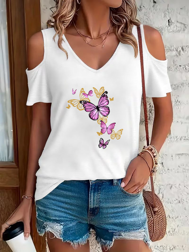 Summer Clothing Drop - Kaos Cetak Kupu-Kupu Trendy, Kaos V-Neck