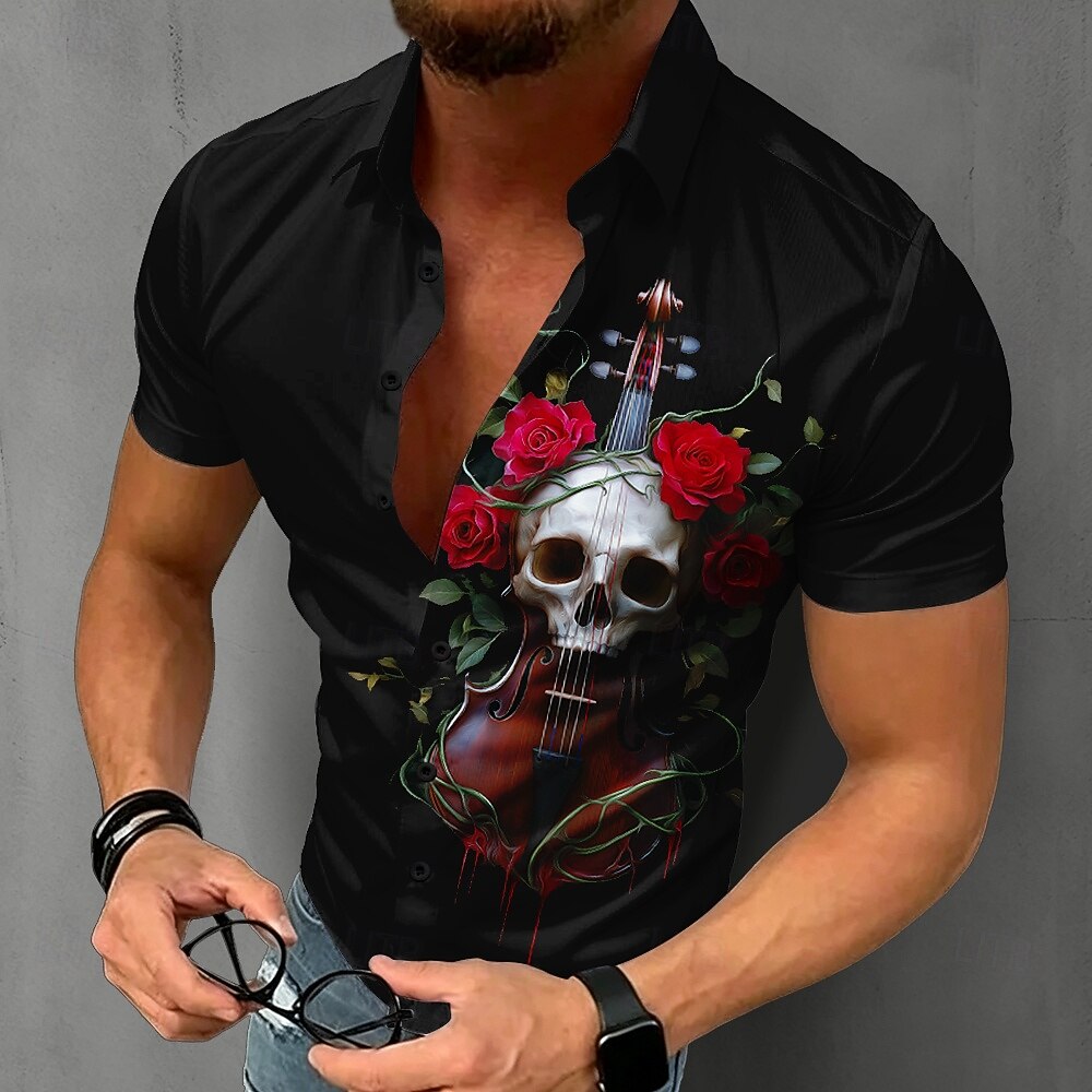 Summer Rose Clothing - Kemeja Tengkorak Gotik Pria Lengan Pendek