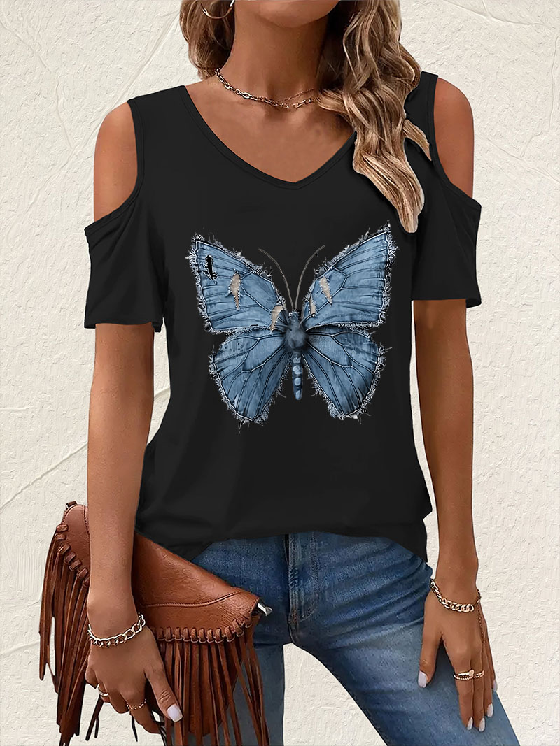 Summer Clothing Drop - Kaos Vintage V-Neck Motif Kupu-Kupu Lengan
