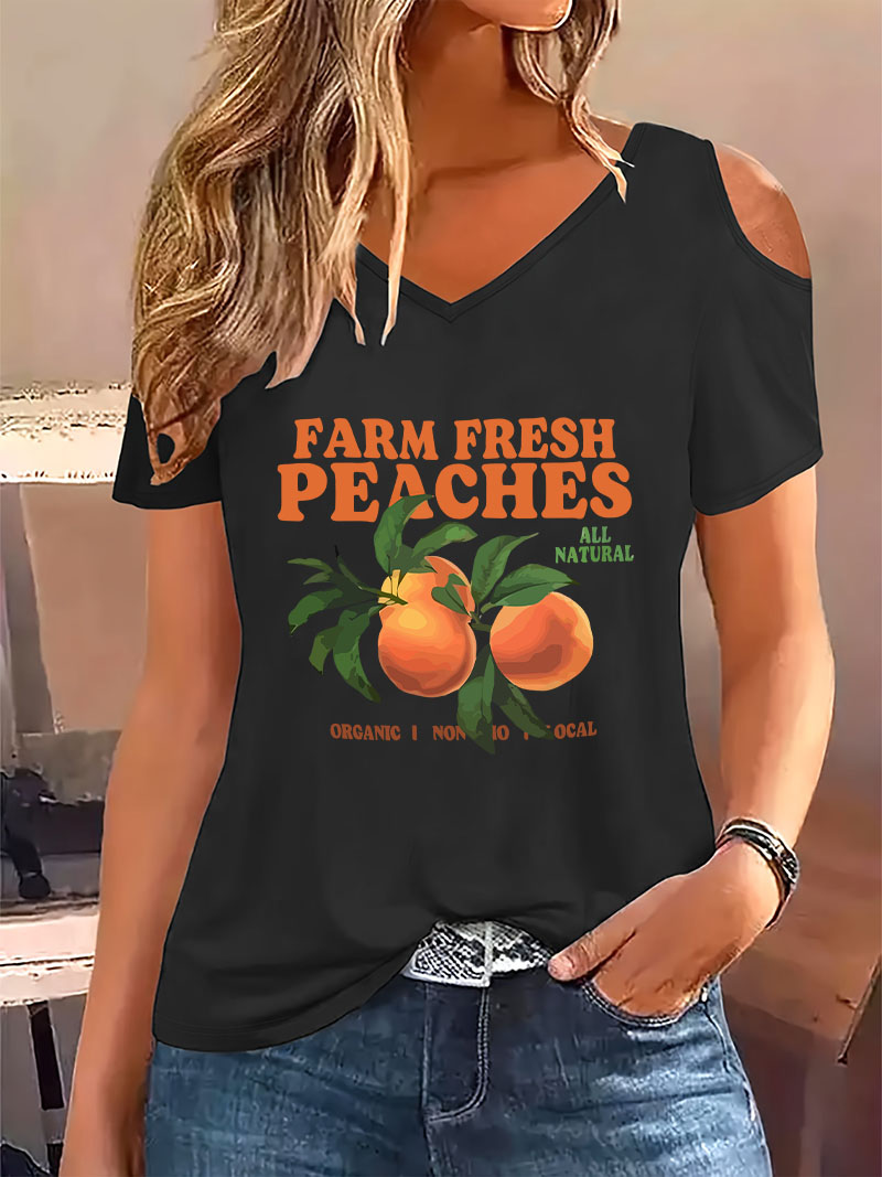 Kaos V-Neck Motif Persik Fashi - Summer Clothing Drop ulasan dan harga