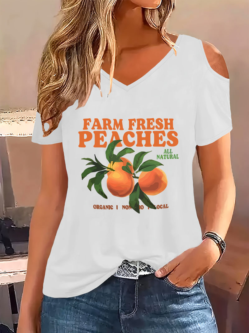 Kaos V-Neck Motif Persik Fashi - Summer Clothing Drop ulasan dan harga