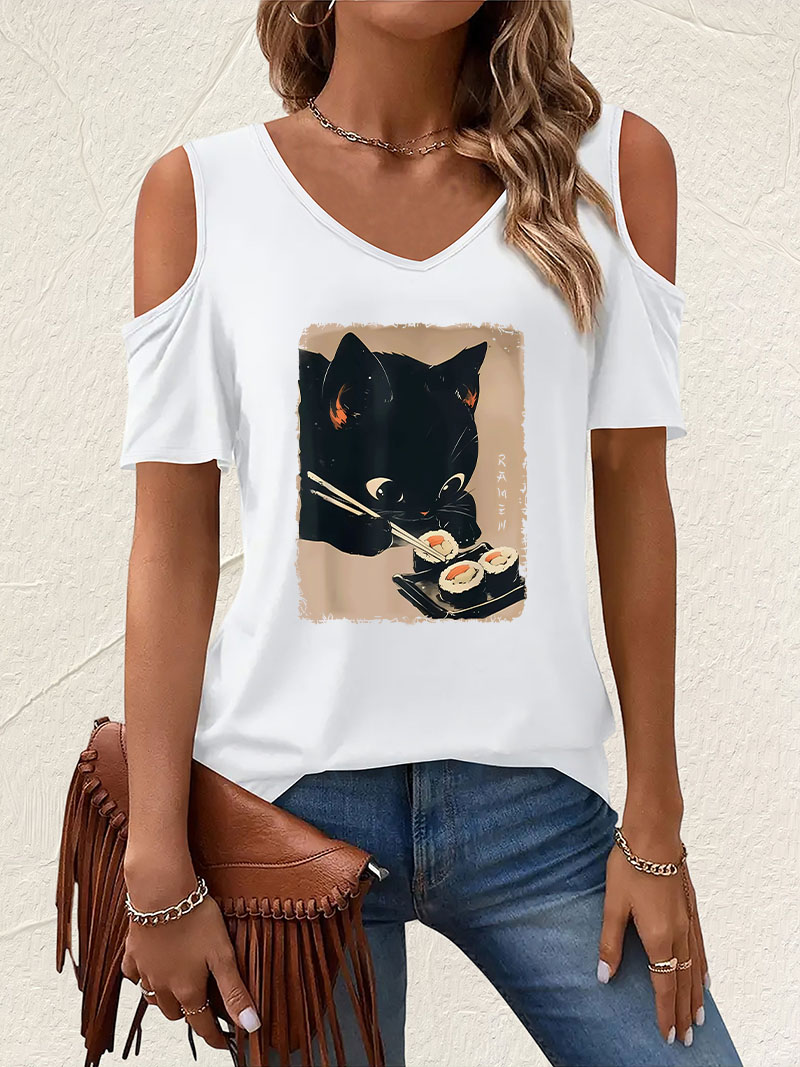 Kaos V-Neck Bergambar Kucing M - Summer Clothing Drop ulasan dan harga