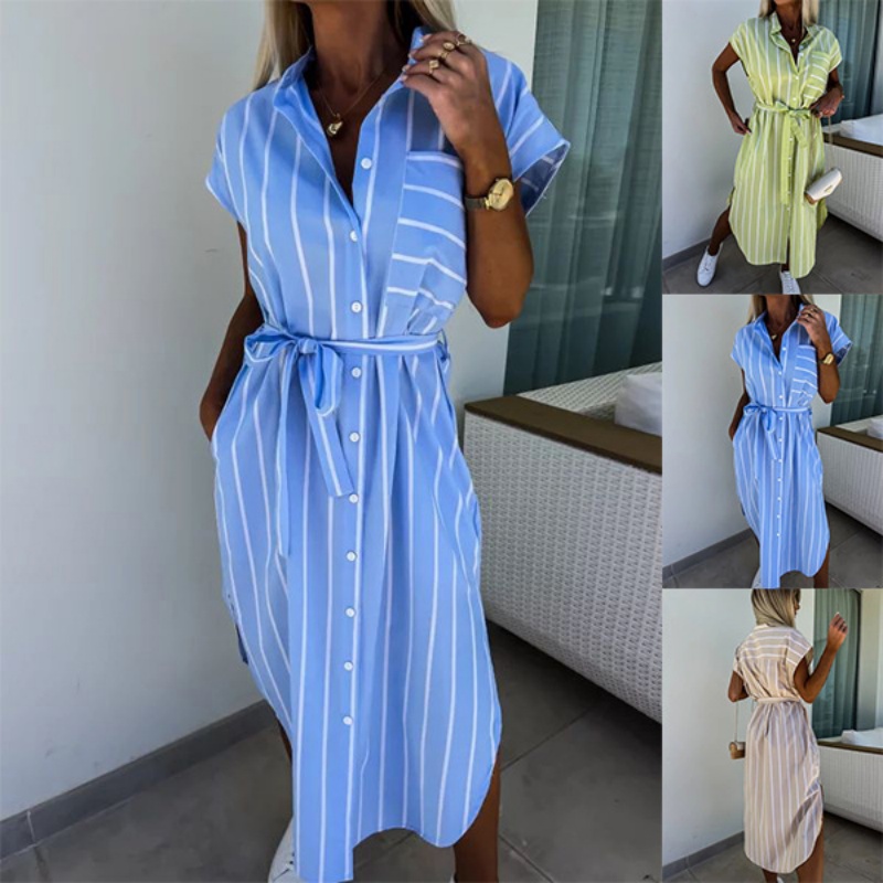 Gaun Kemeja Bergaris Lengan Pe - Summer Clothing Looks ulasan dan harga