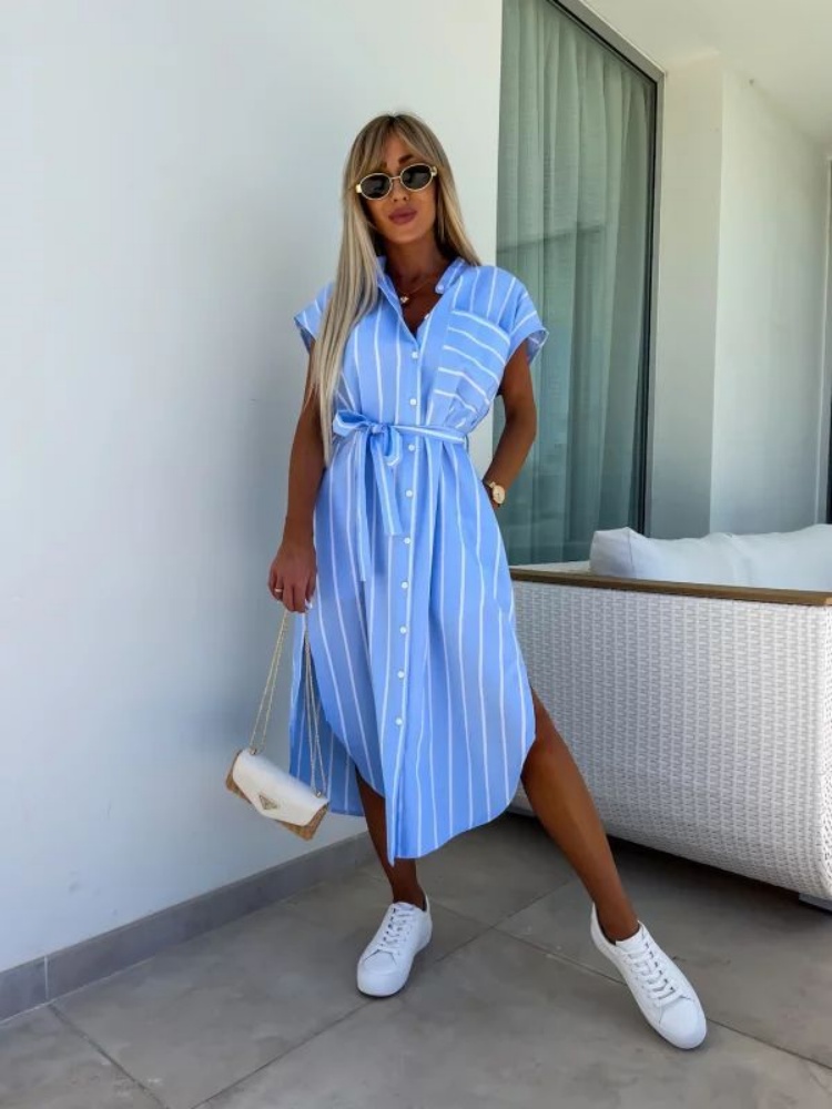 Gaun Kemeja Bergaris Lengan Pe - Summer Clothing Looks ulasan dan harga