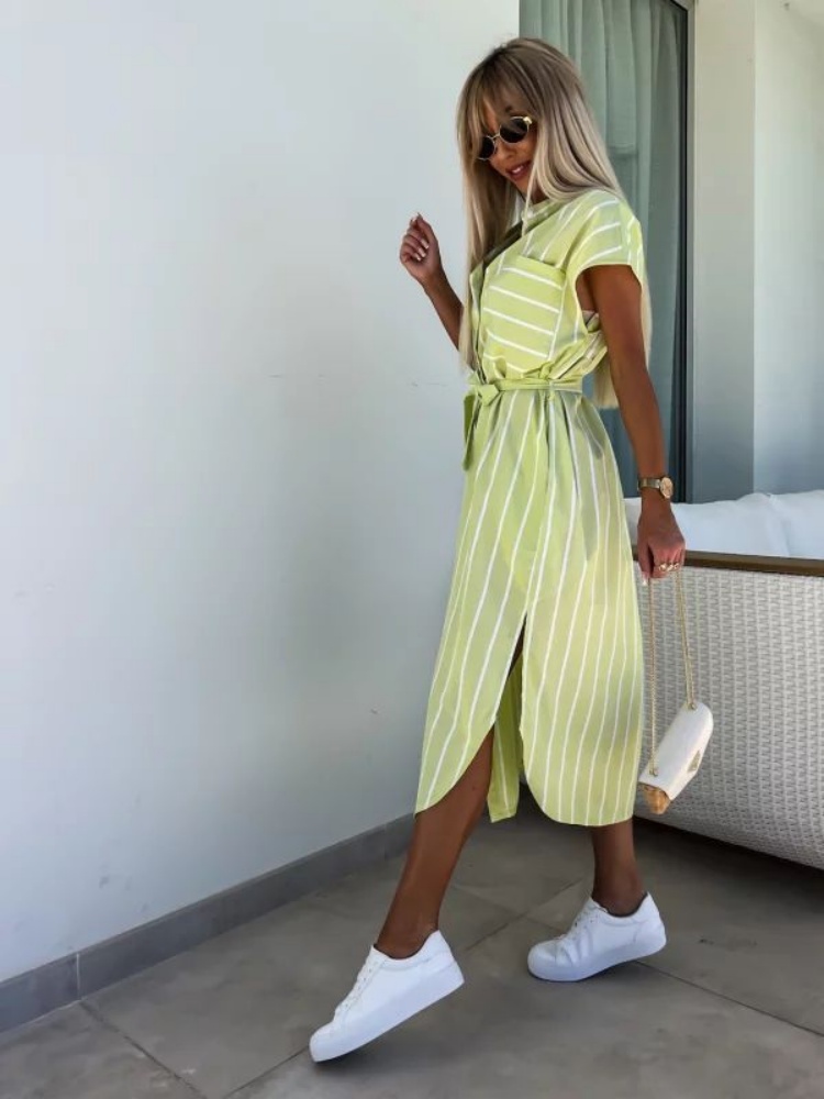 Gaun Kemeja Bergaris Lengan Pe - Summer Clothing Looks ulasan dan harga